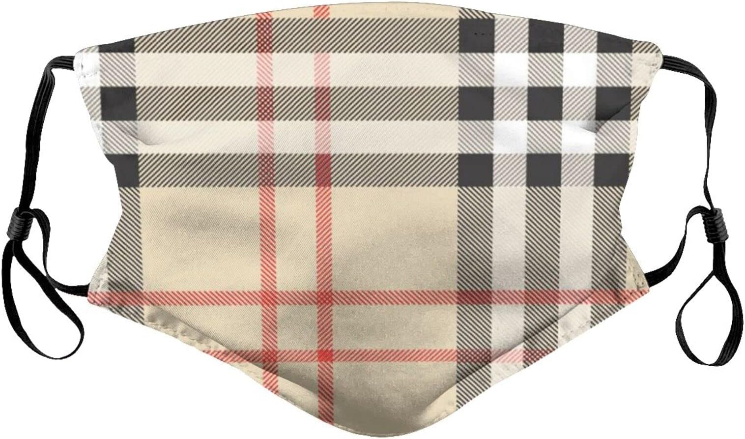 Cream-Coloured Black Red Grid Dust Mouth Cover with Filter Pocket Washable Reusable Men & Women Cloth Bandanas Balaclava Breathable Fabric Face Cover with Adjustable Elastic Strap for Adults