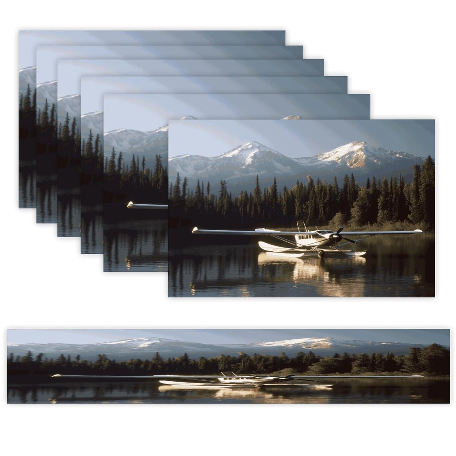 Airplane on Lake Table Runner and Placemats Set of 6 Wipe Clean Heat Resistant Table Mat with Table Runner Decorations Flax Linen Place Mat Set for Home Kitchen Party Supplies