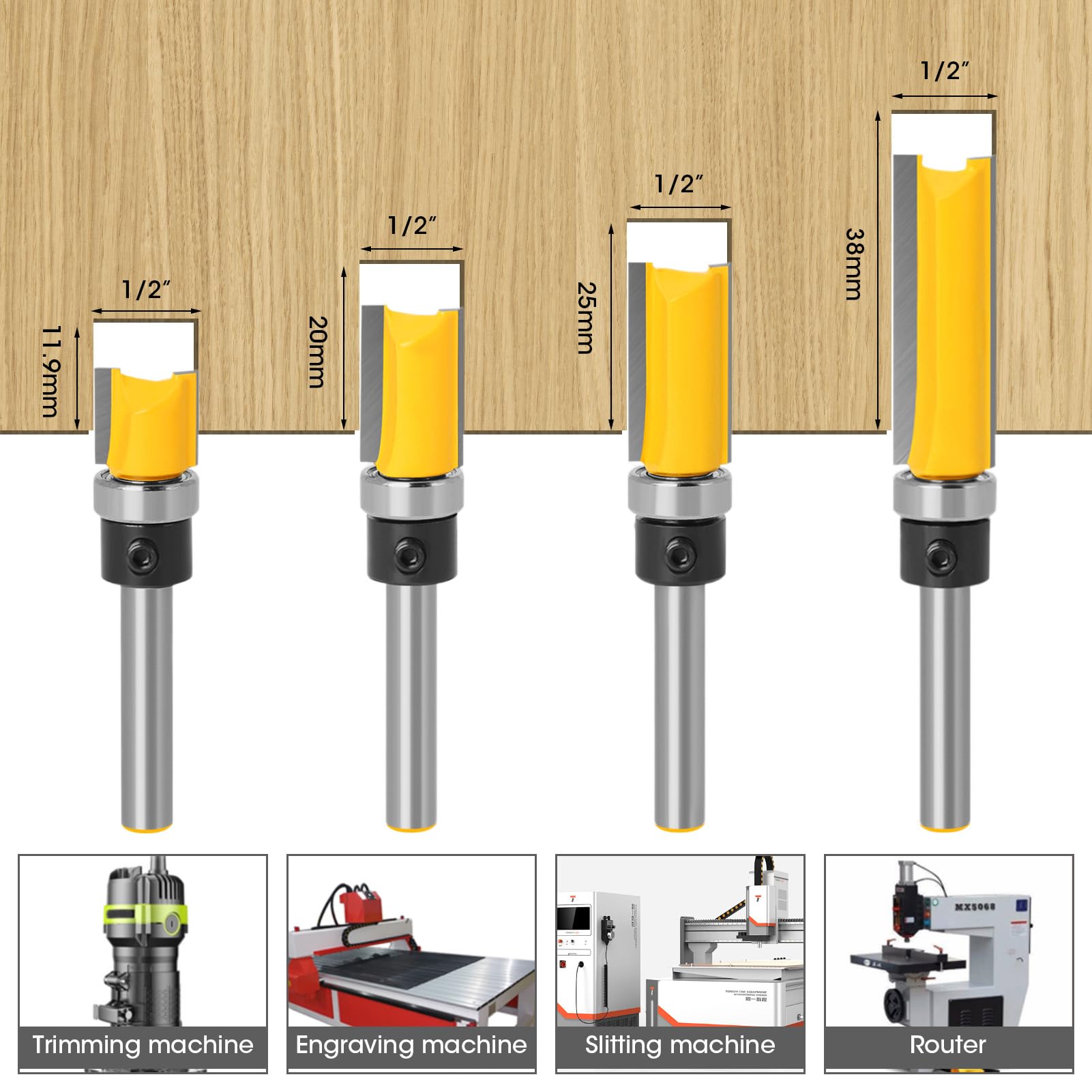 4 Pcs 1/4 Inch Shank Flush Trim Pattern Bit Set - Image 3