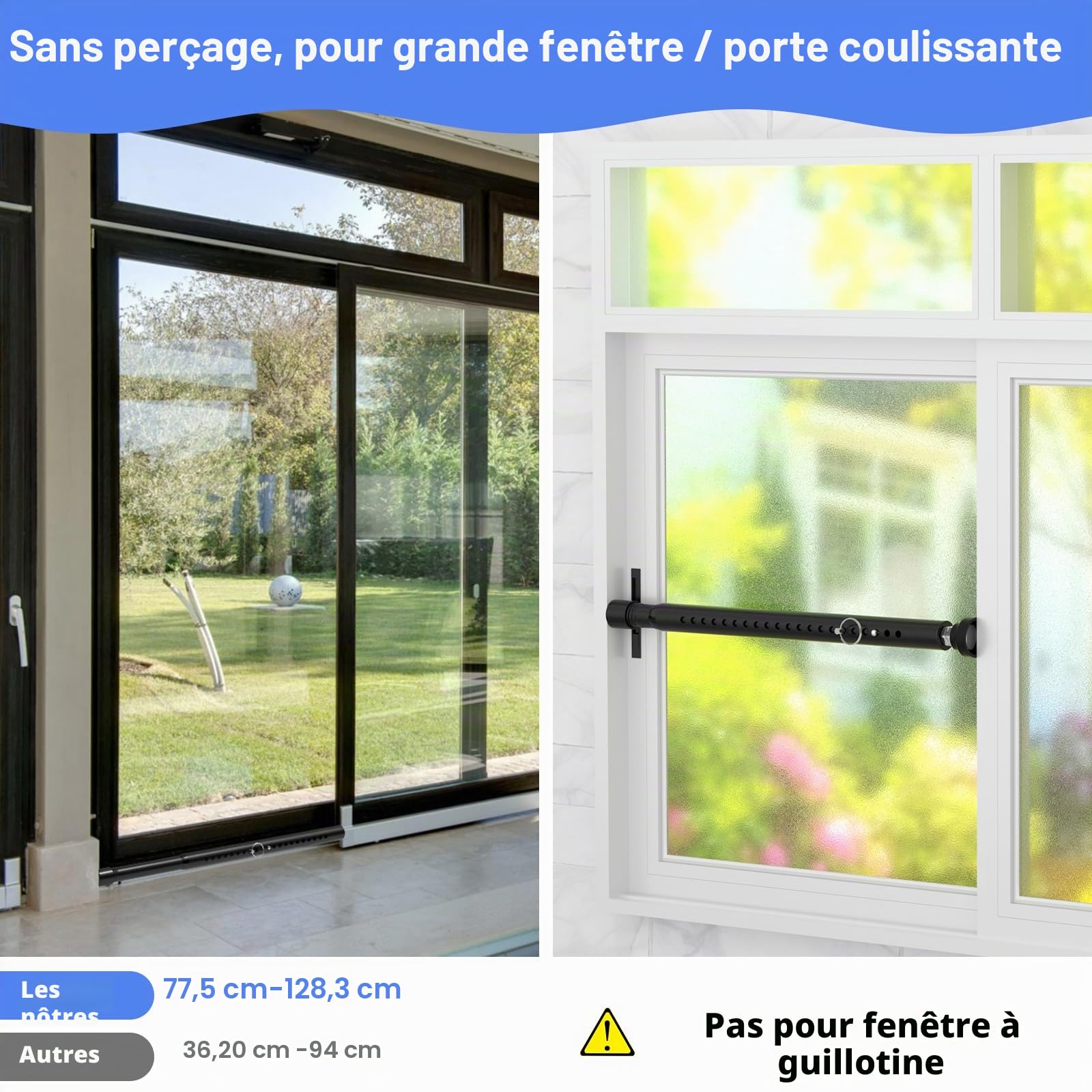Barre de sécurité 120 cm, dispositif de verrouillage de fenêtre/porte anti-effraction réglable, barre de sécurité pour fenêtres, diamètre 25 mm, barre de verrouillage de fenêtre pour maison