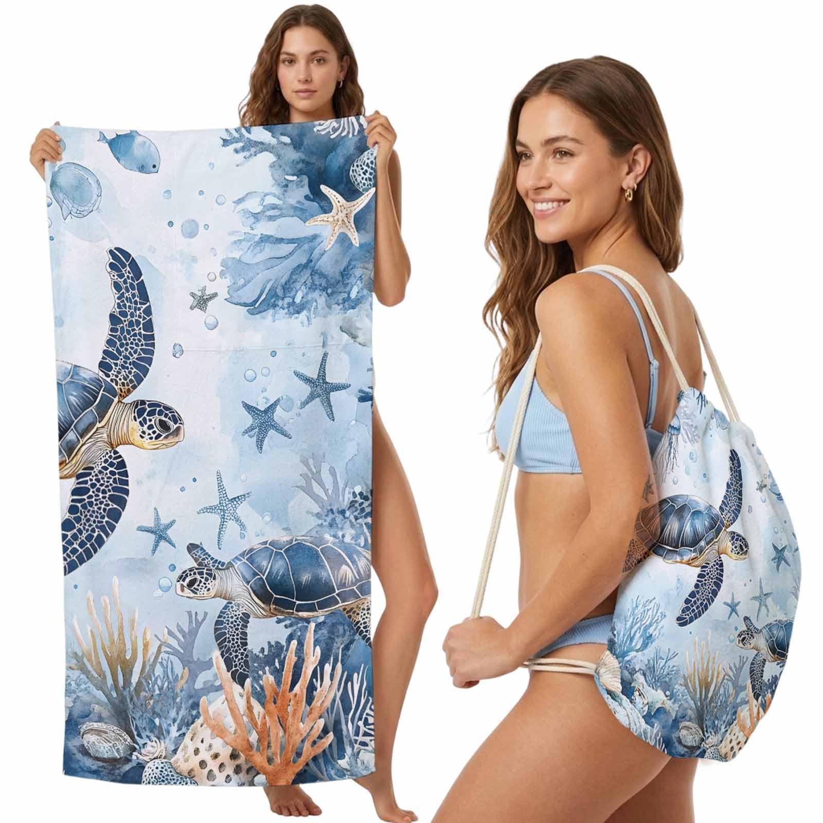Beach Towel Backpack Convertible Ocean Turtles Coral Starfish Sand Free Quick Dry Towel Bag Blue Marine Life Beach Towel with Adjustable Straps for Travel Swimming Pool Beach Accessories 31.5x63in