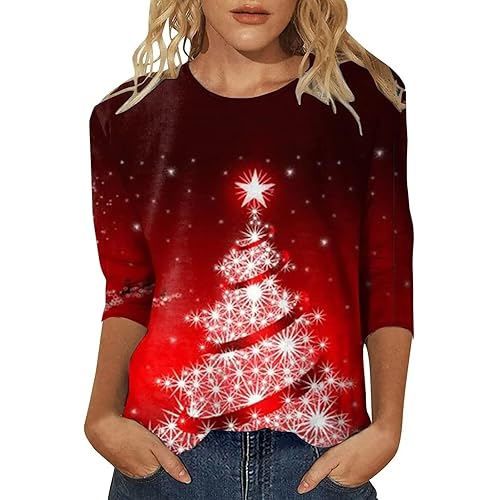 Christmas Sweatshirts for Women Xmas Crewneck Tunic Blouse 3/4 Sleeve Christmas Tshirt Crewneck Tops Blouse