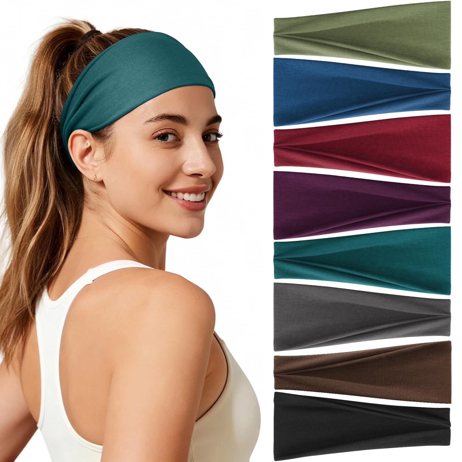 Headbands for Women, 8 Pack Non-Slip Moisture Wicking Sports Wide Head Bands, Stretchy Elastic Fabric, Multiple Colors Securing Hair for Fashion, Sports, Yoga, Running, Daily Life