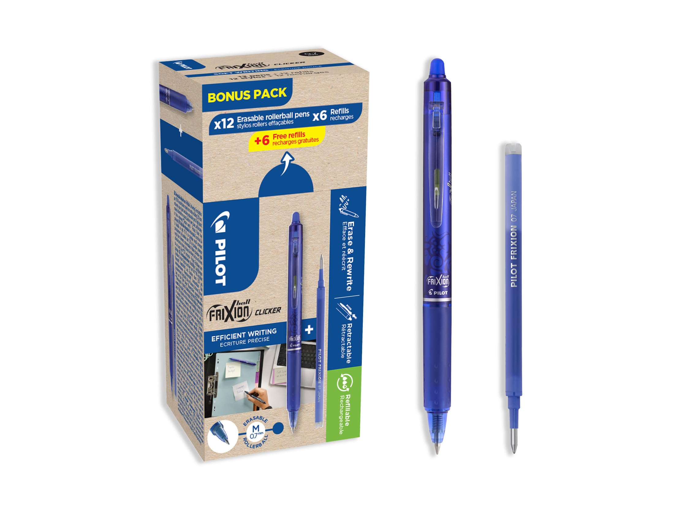 PILOT - Set di 12 FriXion Ball Clicker 07 + 12 Ricariche - Penne Cancellabili con Inchiostro Termosensibile - Roller Retrattili e Ricaricabili - Blu - Punta Media