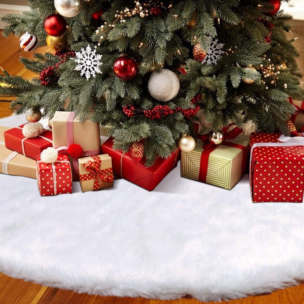 White Faux Fur Christmas Tree Skirt 48 Inches Luxury Snowy Soft Xmas Tree Skirts for Christmas Decorations Xmas Holiday Decor New Year Party Supplies