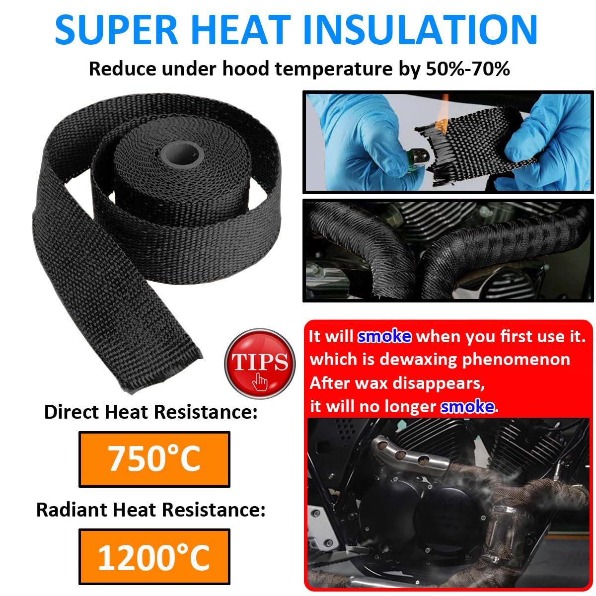 Bande Thermique Échappement Fibre de Verre Ruban Collecteur d'échappement de Moto Tuyeau Isolant Thermique Protection Voiture Isolante Noir 5CM X 10M avec 6 Attaches