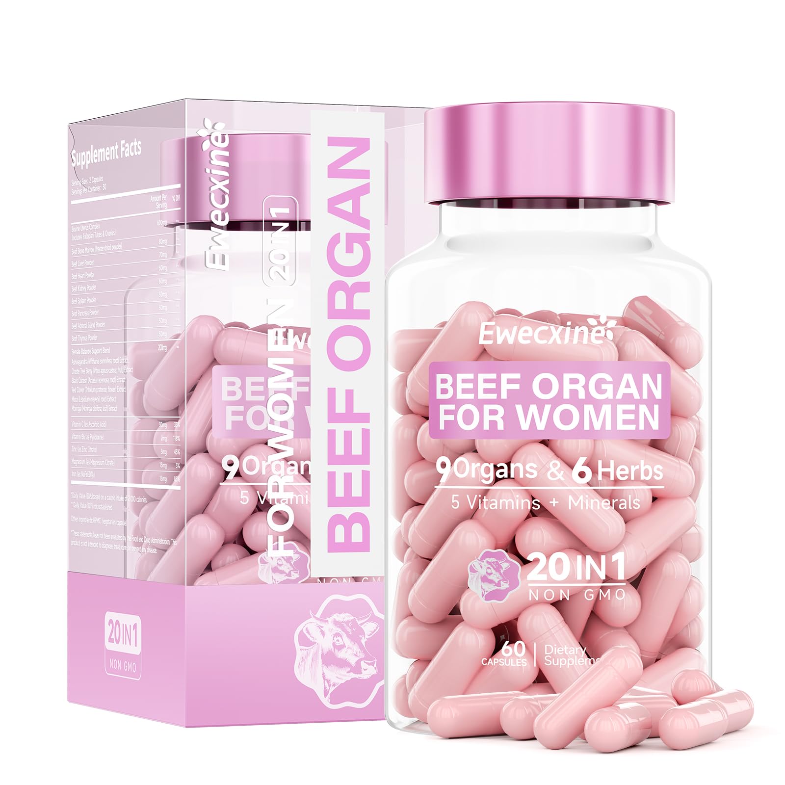 Beef Organs Supplement for Women: 600mg Beef Uterus, Liver, Kidney, Heart for Primal Energy & Hormone Support – Complex with Herbs, Multivitamin & Minerals – 60 Capsules Supplement