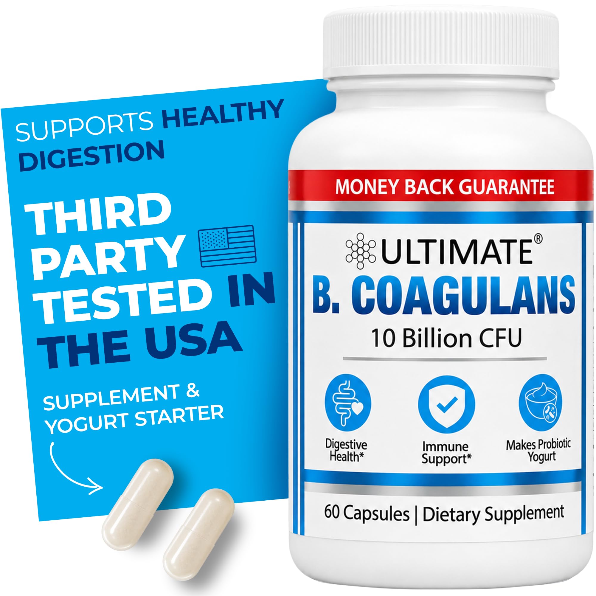 Ultimate B. Coagulans Probiotic 10 Billion CFU Yogurt Starter Culture, 2-in-1 Gut Health Prebiotic Supplement Supports Digestion, Made with Bacillus Coagulans & Organic Chicory Inulin, 60 Capsules