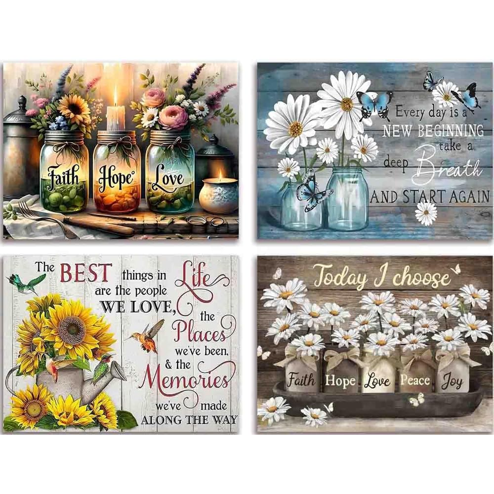 Jakener 4 Pack Diamond Art Kits Adults, 5D Inspirational Flower Diamond Painting Kit for Adults, DIY Full Round Drill Crystal Gem Art Craft, Home Wall Decor 12x16 Inch