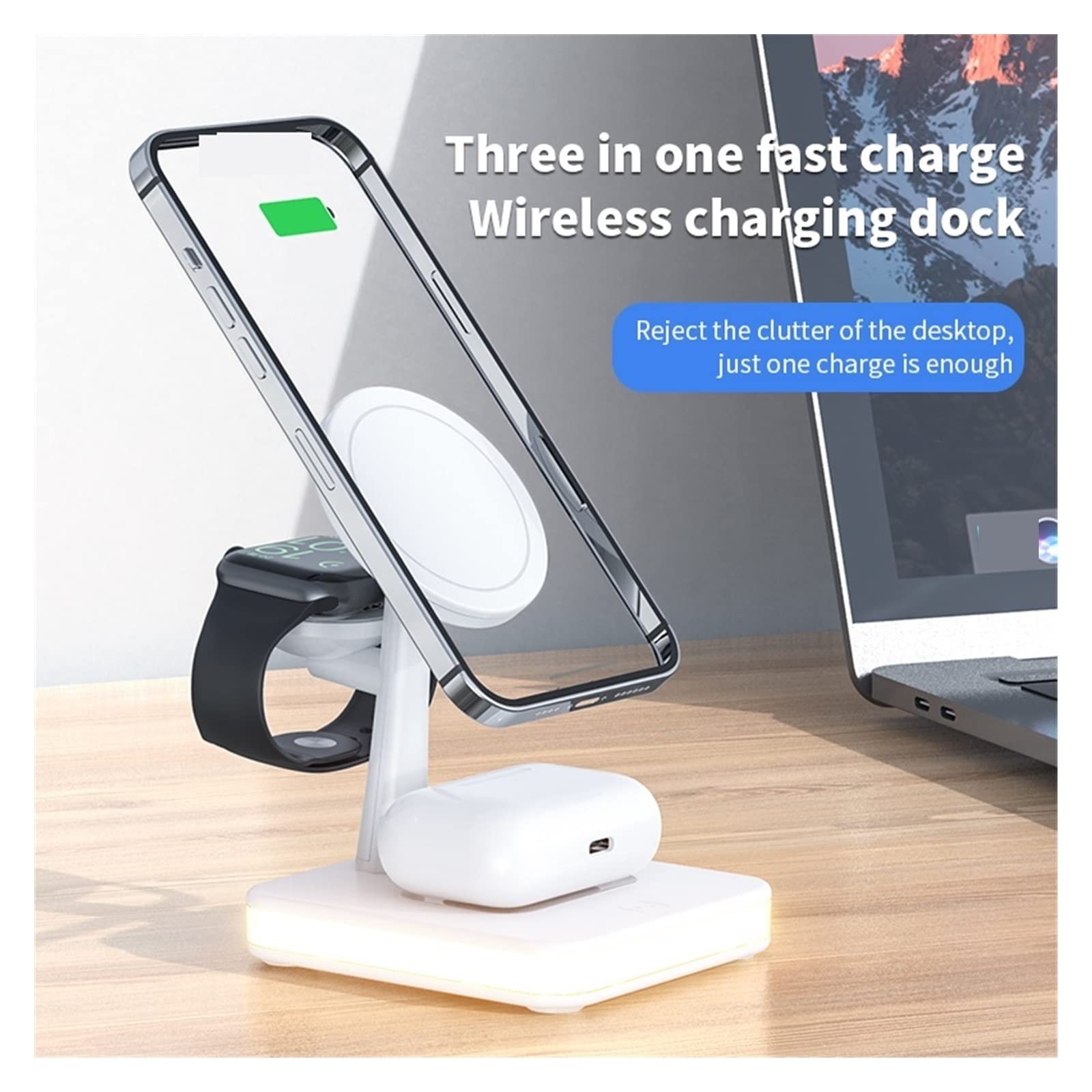 Chargeur magnétique sans Fil Chargeur sans Fil magnétique 30W 3 en 1 for Macsafe Phone Watch Earphone Station de Chargement Rapide pour téléphone, Montre, écouteurs(Color:3 in 1 with Plug)