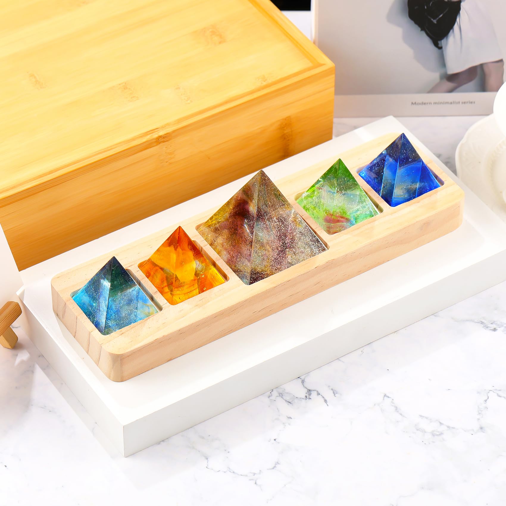 Arikyrist 5 Chakra Healing Crystal Quartz Pyramid with LED Wooden Base Meditation Positive Energy Sleep Aid & Spiritual Night Light Home Decor - Image 4