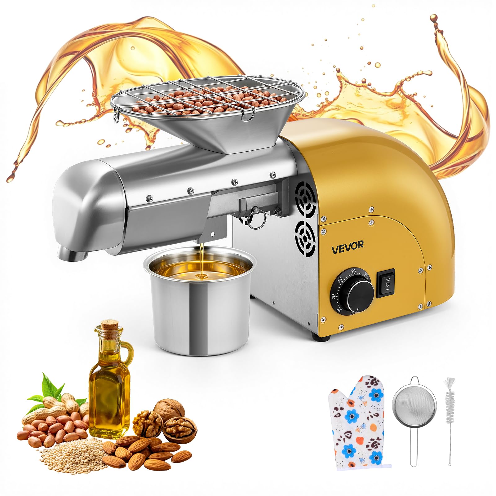 VEVOR Prensa de Aceite Eléctrica 1250 W, Máquina de Prensado de Aceite 5 kg/h, Prensado en Caliente y Frío 50-300 °C, Extractor de Acero Inoxidable, Uso Doméstico y Comercial, para Cacahuetes, Soja