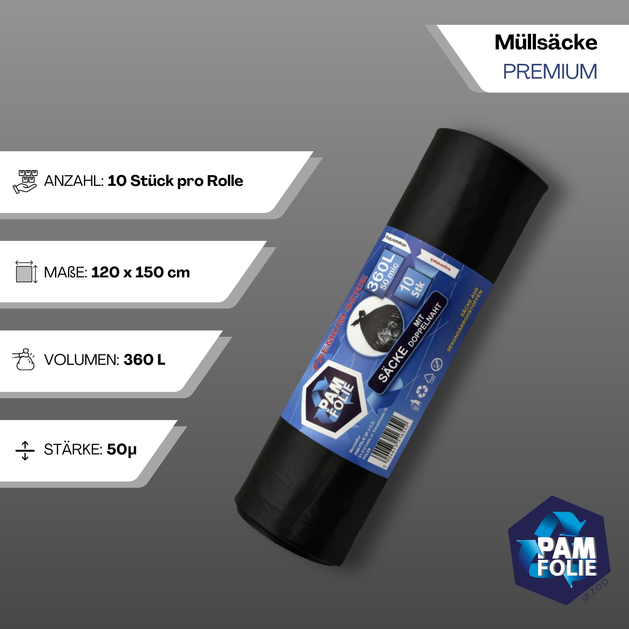 Müllsäcke 360L - 30 Stück - Set - XXL Große, Extra Stark, Dicke Abfallsäcke, Premium - 120x150cm - 50µm - schwarzer Müllbeutel - Bauschuttsäcke -Säcke für Bauschutt Abfalls, Styropor