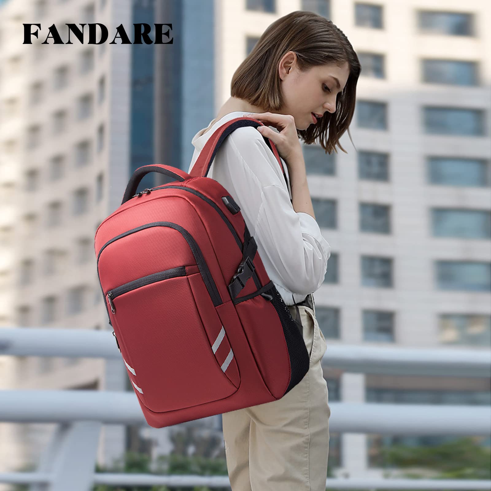 FANDARE Mochila de Viaje Gran Capacidad con Puerto de Carga USB, Mochila Ligera y Resistente para Ordenador de 15.6 Pulgadas, Incluye Correa para Equipaje, Tiras Reflectantes