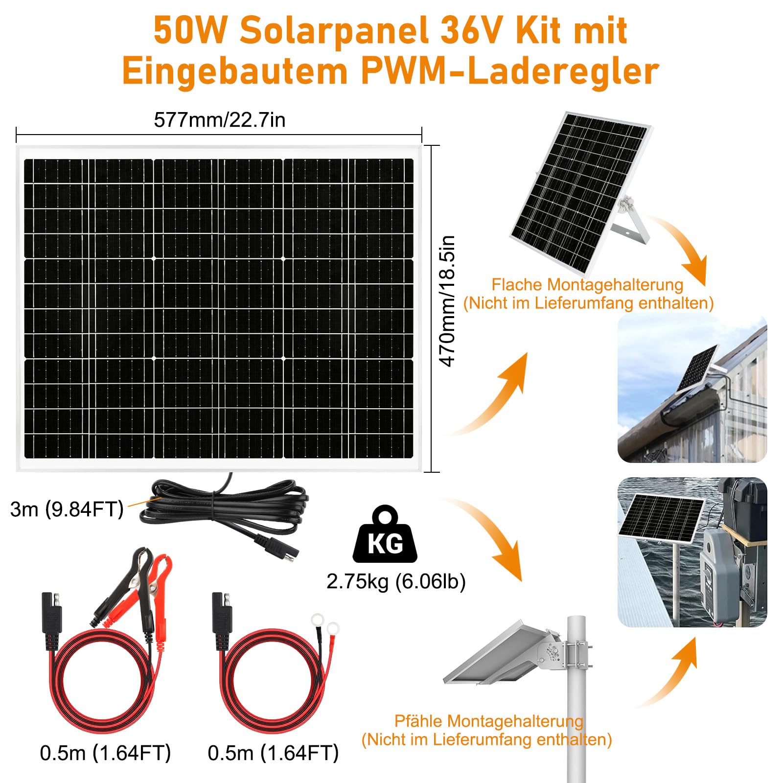 【50W 36V Panel Solar Kit】DERUXI Placa Solar 50 W Kit:Mono Cargador Solar 50W con Integrado Controlador de Carga PWM 6A+2 Pare de Cable SAE,PV Placas Solare Camper para Baterías GEL, AGM, LiFePO₄ 24V
