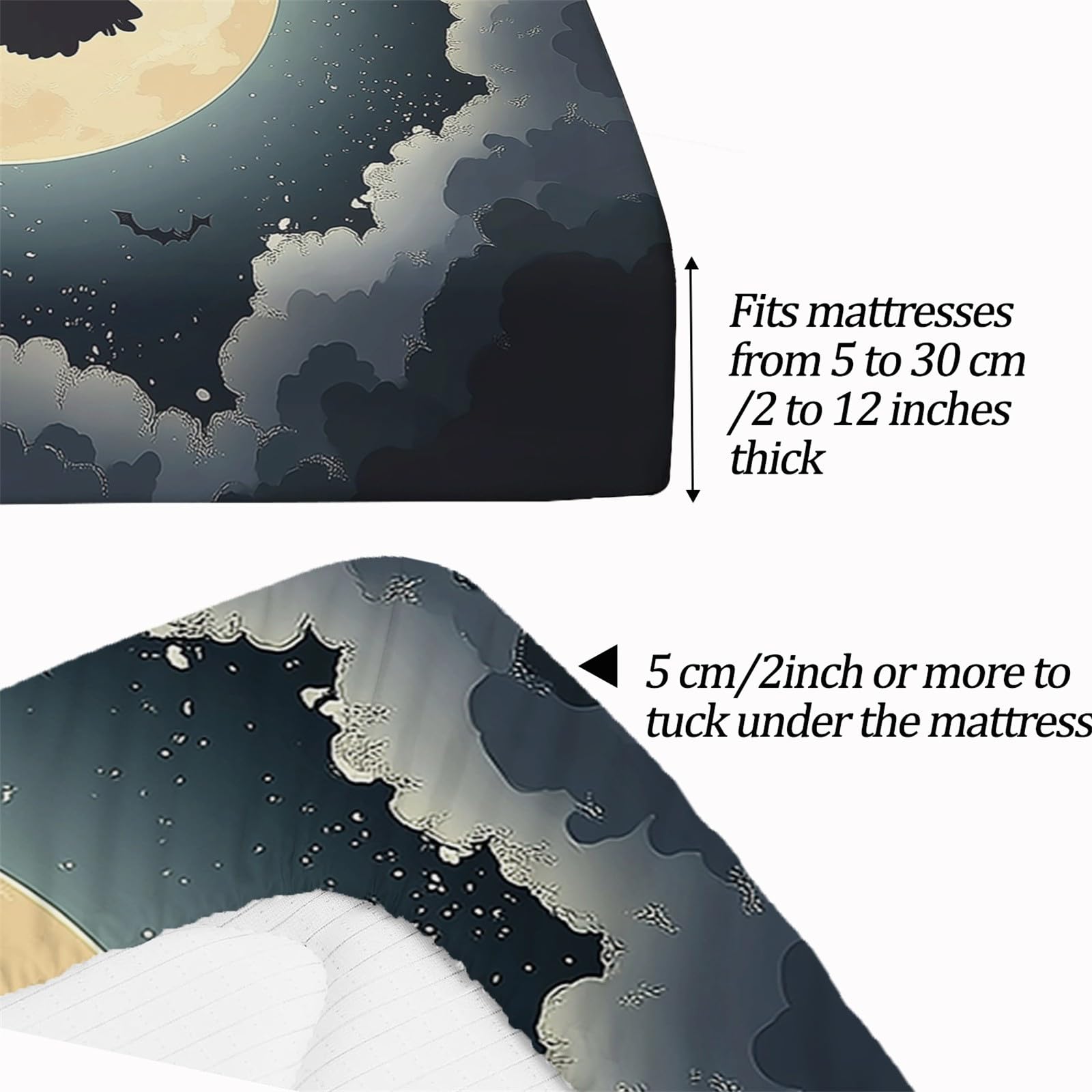 Prześcieradło z gumką w rozmiarze king size, na Halloween, czarownica, nietoperz, prześcieradło z mikrofibry, 160 x 200 cm, nie kurczy się i nie mechaci się, można prać w pralce, podwójne