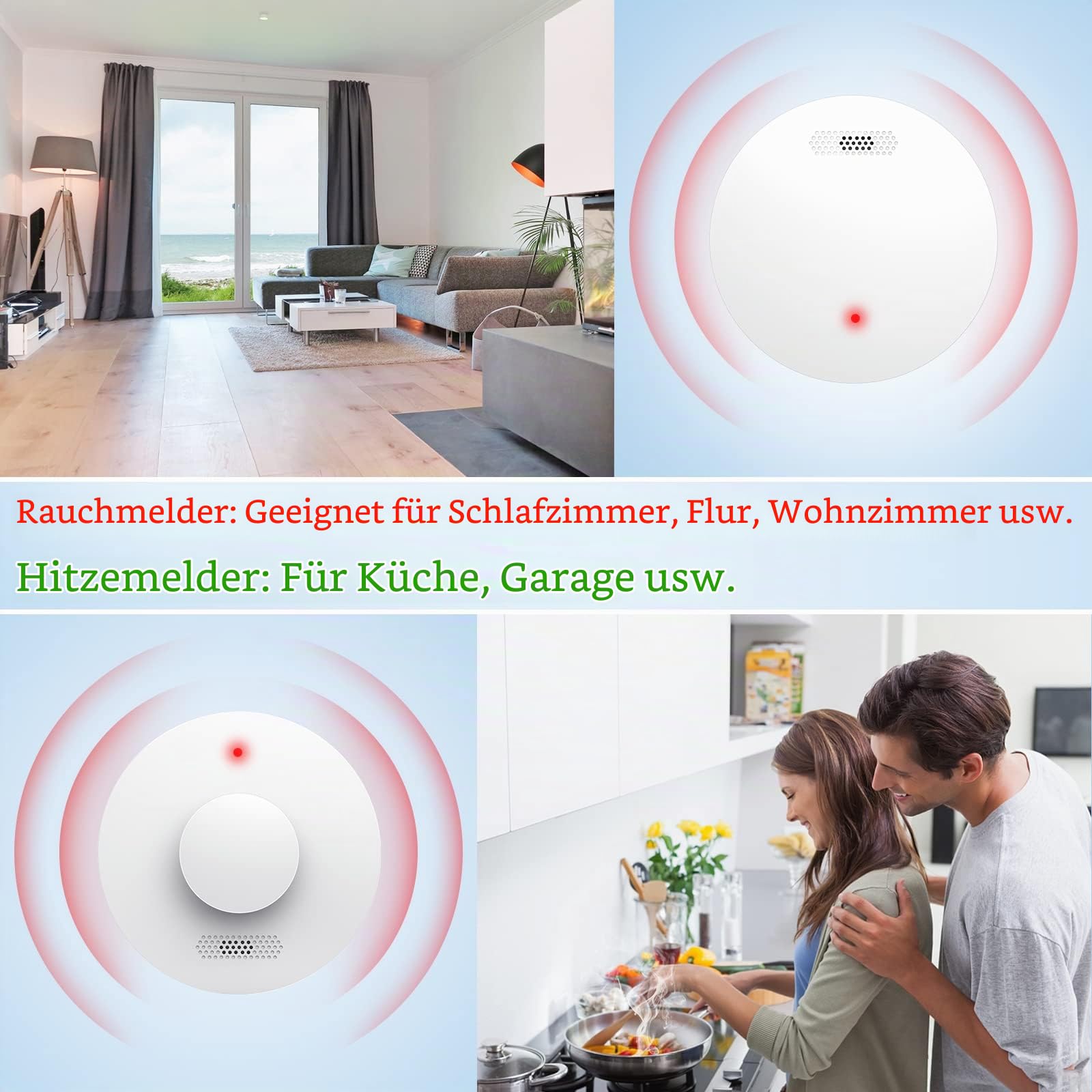 Vernetzter Rauchmelder und Hitzemelder mit Fernbedienung, Rauchmelder mit 10 Jahre Batterie