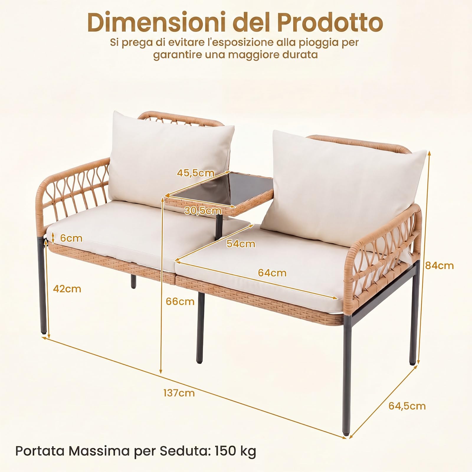 SOARS Divanetto da Giardino in Rattan PE, Panca a 2 Posti con Tavolino in Vetro Temperato, Divano con Cuscini Imbottiti, Schienale e Braccioli, per Balcone, Terrezza, Max 150 KG, 137 X 64,5 X 84 CM | Panca da Giardino con Cuscini Sfoderabili, Divano 2 Pos