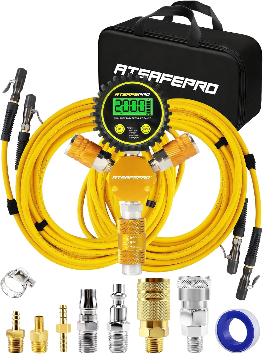 ATsafepro 4 Tire Inflation Deflation System, Fits up to 155" Wheelbase, Rapid Air Up Down Kit w/Backlit Digital Pressure Gauge & Slide Valve, 300PSI Flexible Hose for Truck, Jeep, Off-Road, Trailers