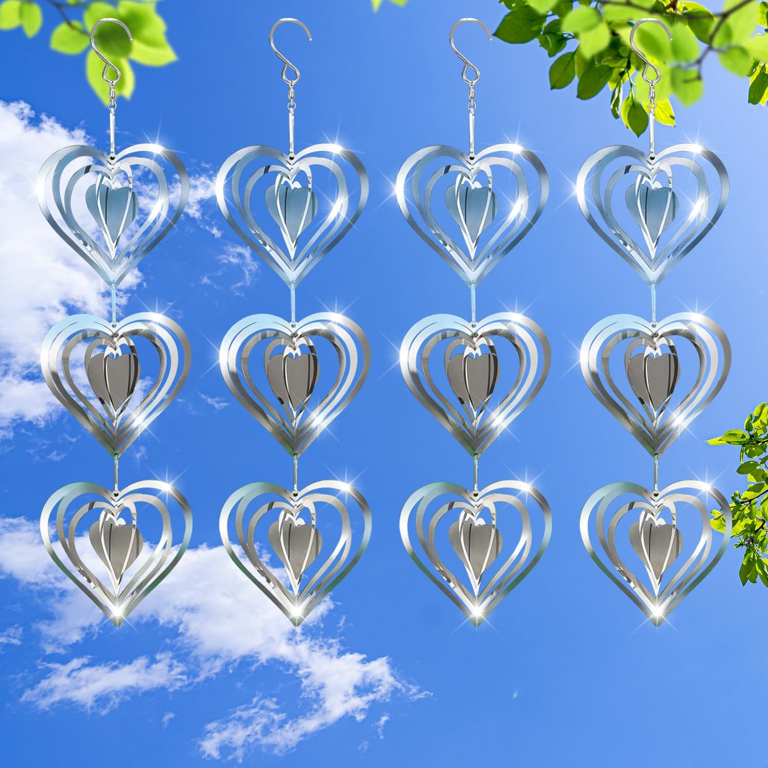 Love Stainless Steel Bird Scarer Discs Set, 3D Reflective Helix Wind Spinners Bird Reflector Sparkly Metal Outdoor Garden Décor Sculpture Ornament, Deterrent to Scare Pigeon Away from Yard Patio Farm