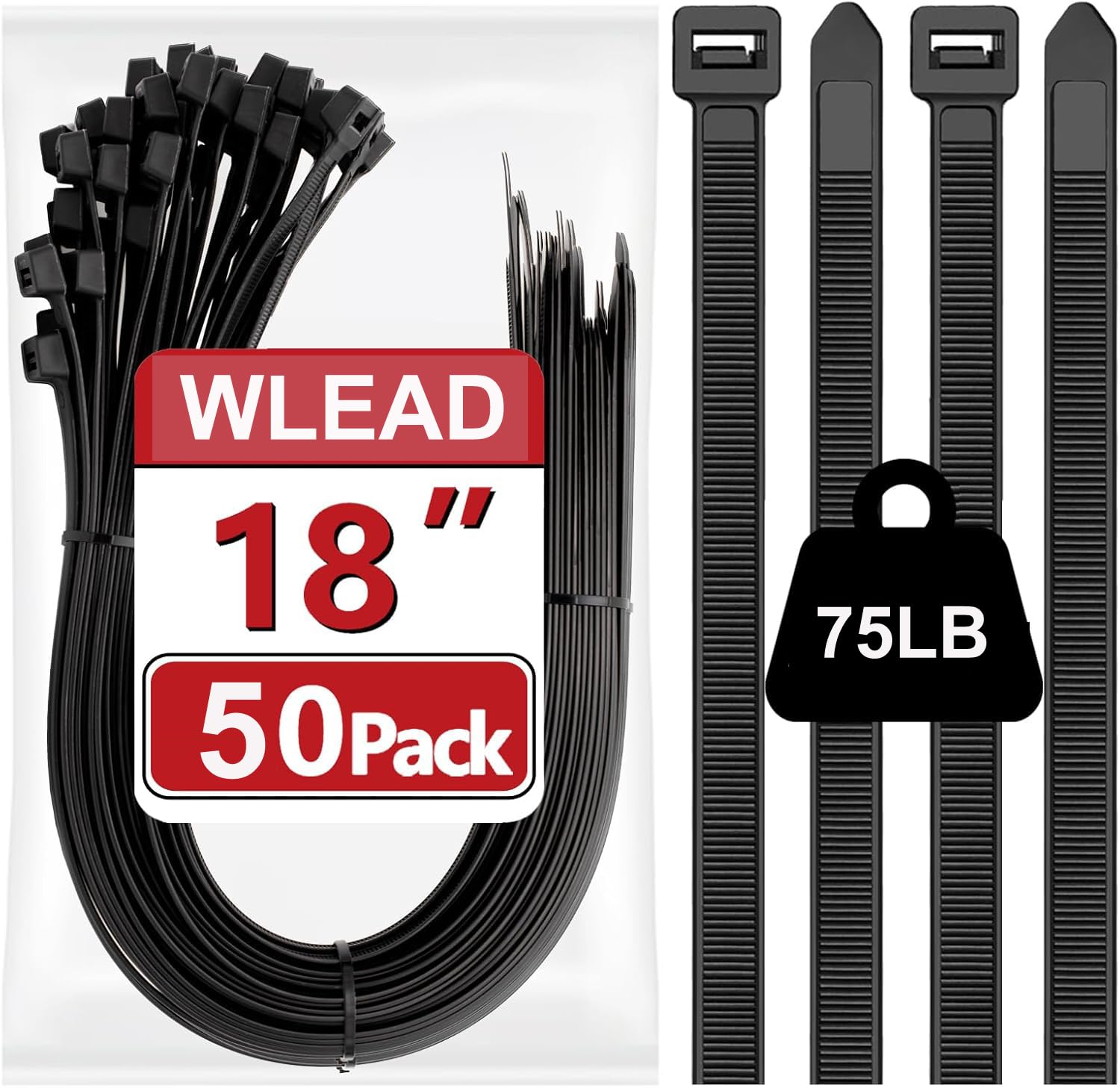 UV-beständige Hochfeste Kabelbinder – WLEAD 450 mm x 5,2 mm mit 40 kg Zugfestigkeit, Selbstverriegelnd für Innen- und Außenanwendungen (50er Pack)