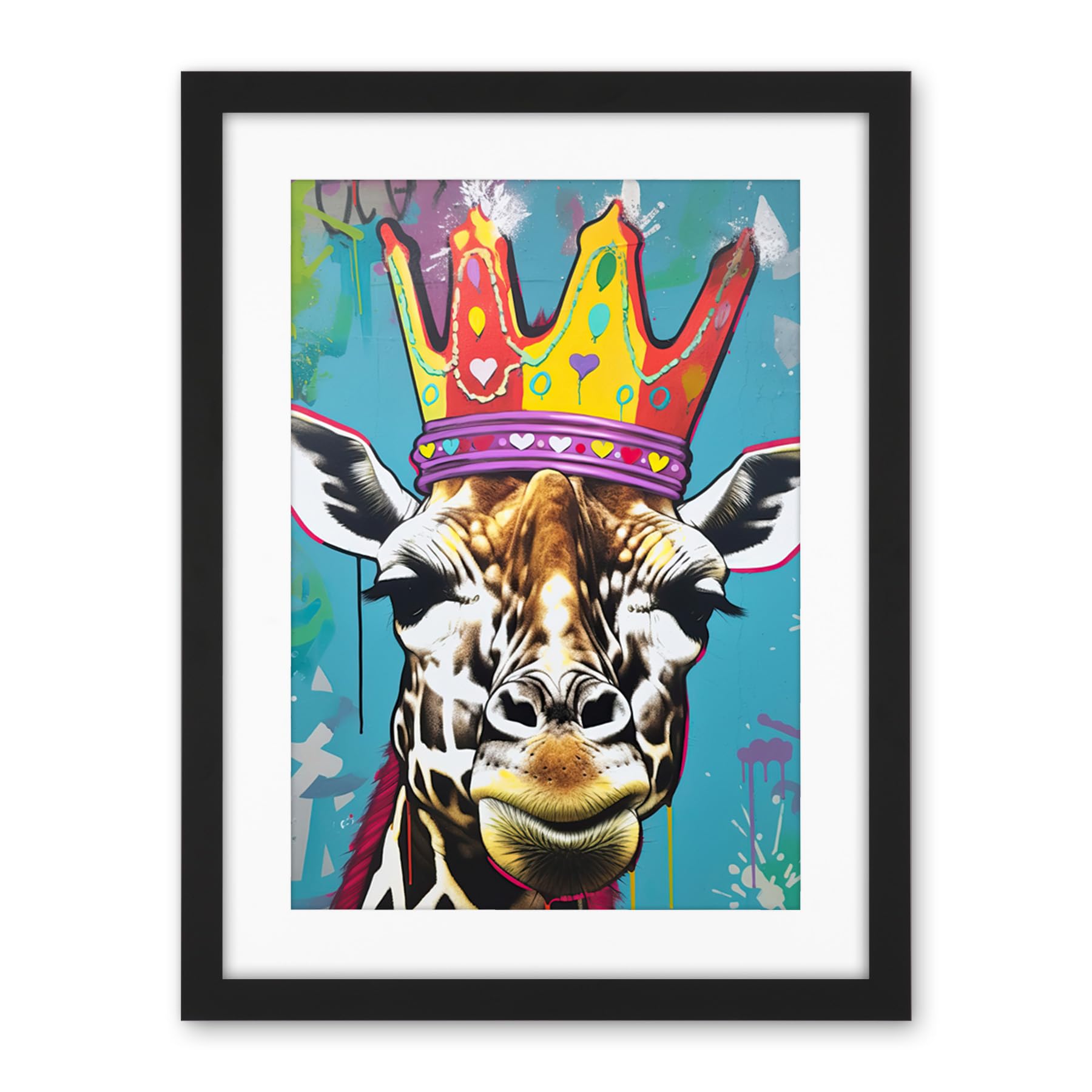 Artery8 Giraffe With Queen Birthday Crown Modern Pop Art Artwork Framed Wall Art Print 18X24 Inch