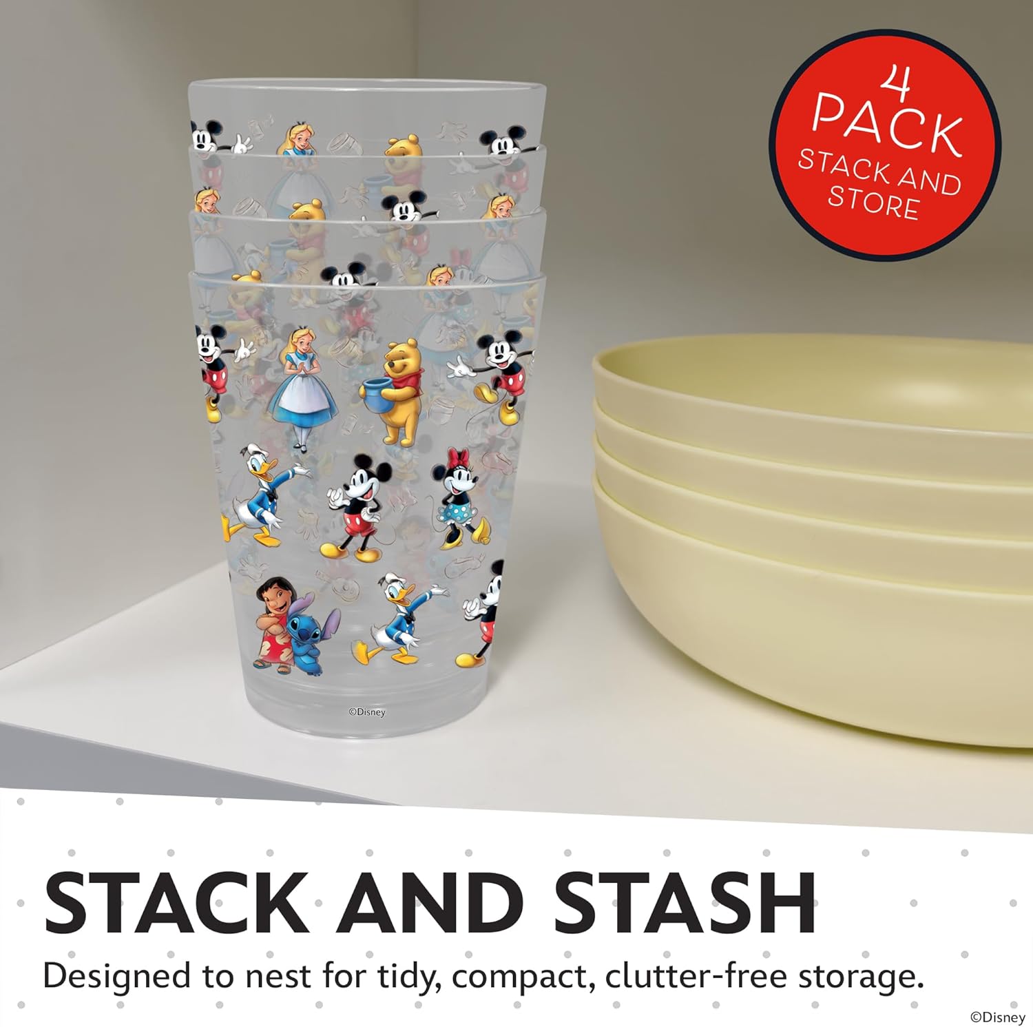 Disney Reusable Plastic Cups – 4 Pack 16 oz Plastic Drinking Glasses with Mickey, Stitch, Pooh, or Disney100 Designs – BPA-Free, Stackable, Top Rack Dishwasher Safe Tumblers for Water, Juice & More - Image 3