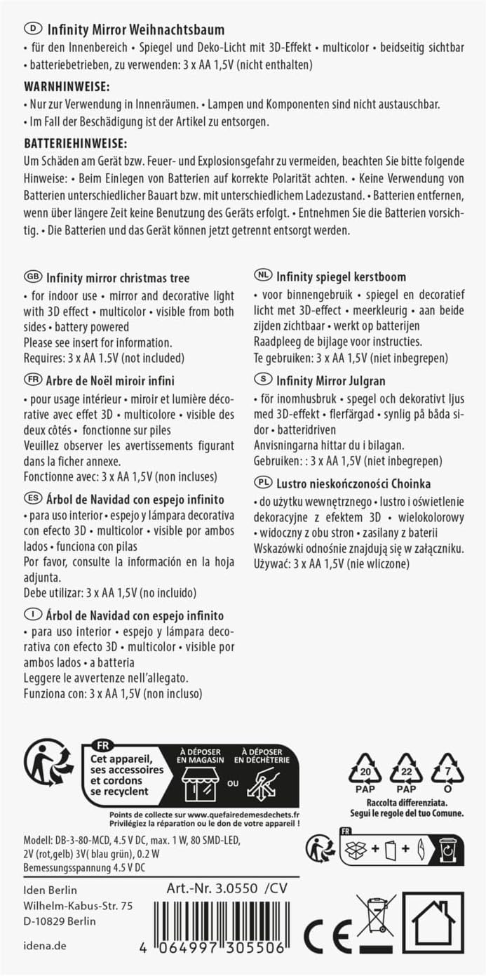 30550 - LED Infinity Mirror Christmas Tree, Approx. 13 x 5.5 x 22 cm, Decorative Lamp with 80 SMD LEDs and 3D Effect, Christmas Decoration for Indoor Use, Battery Operated