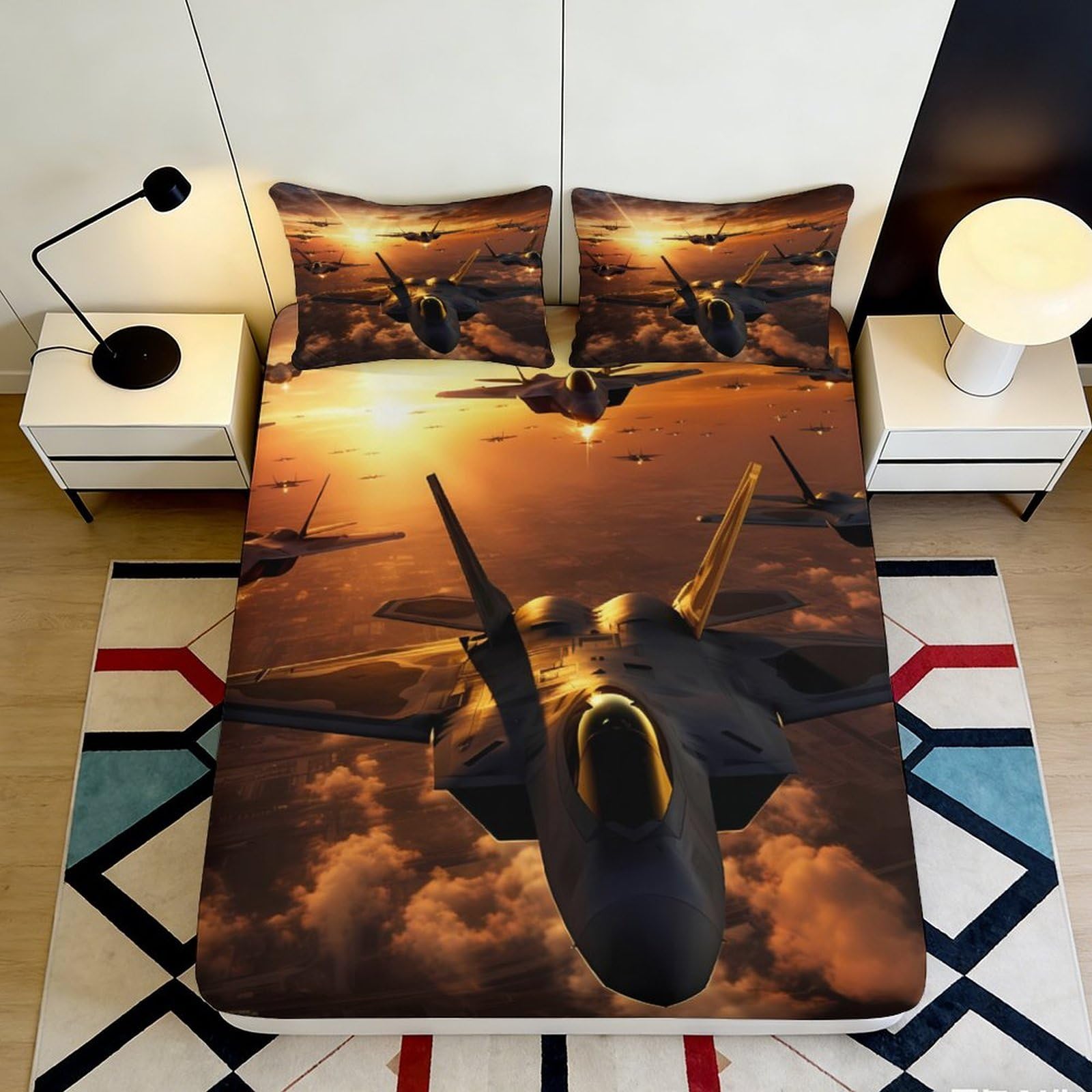 3D Printed Fighter Jet Fitted Sheet Microfiber Soft Durable Aircraft Bed Cover for Bedroom Dormitory Guest Room Mattress Protection Decor 120x200x25cm