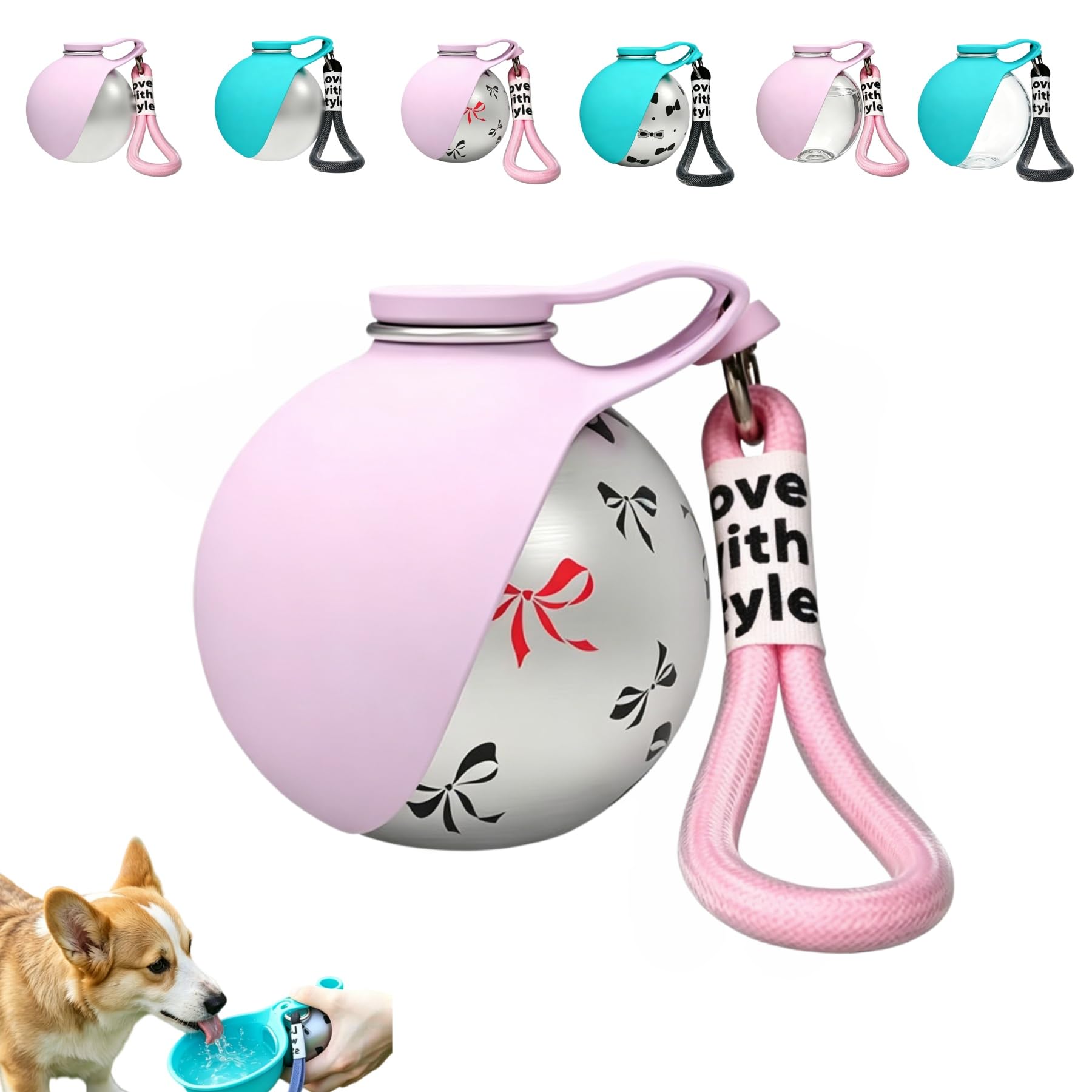 Wisfancy Stainless Steel Dog Water Bottle for Walking, 285ML Portable Dog Water Bottle, Dog Travel Water Bottle with Bowl for Small Dogs, Cats, Travel and Camping (Printed-Pink)