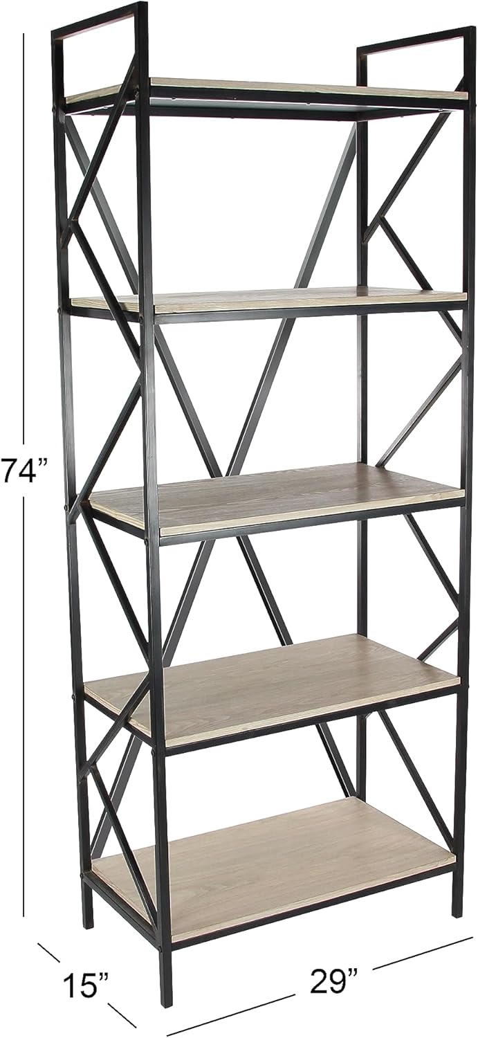 Industrial Brown Wood and Black Metal 5-Tier Étagère