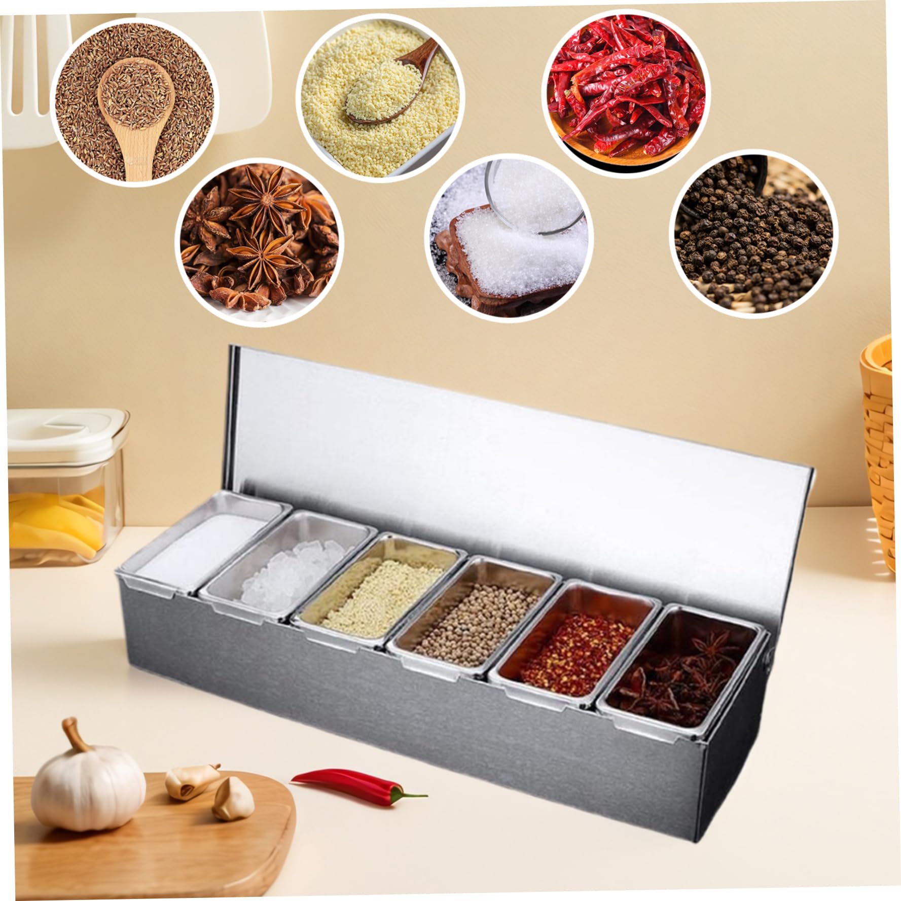 Stazione per Topping per Pizza 6x18x3, 5 Pollici, contenitori per condimenti a 6 Scomparti con 6 cucchiai, Scatola per spezie Rimovibile per Uso Alimentare per Cucina
