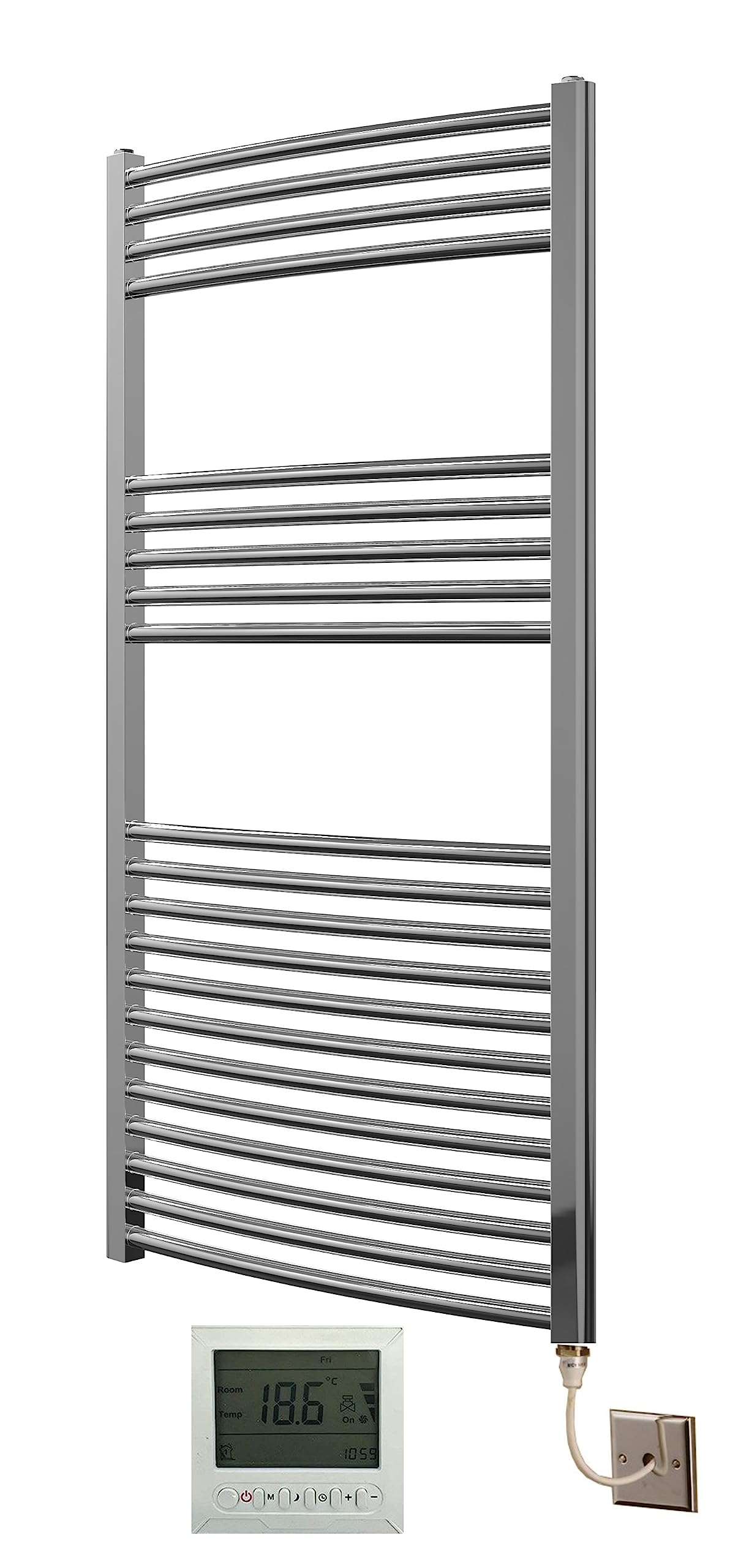 Greened House Chrome Extra High Heat Output Electric Towel Rail 600 X 1200Mm Curved Bathroom Radiator Heater Up To 26% More Heat Output + Timer And Thermostat
