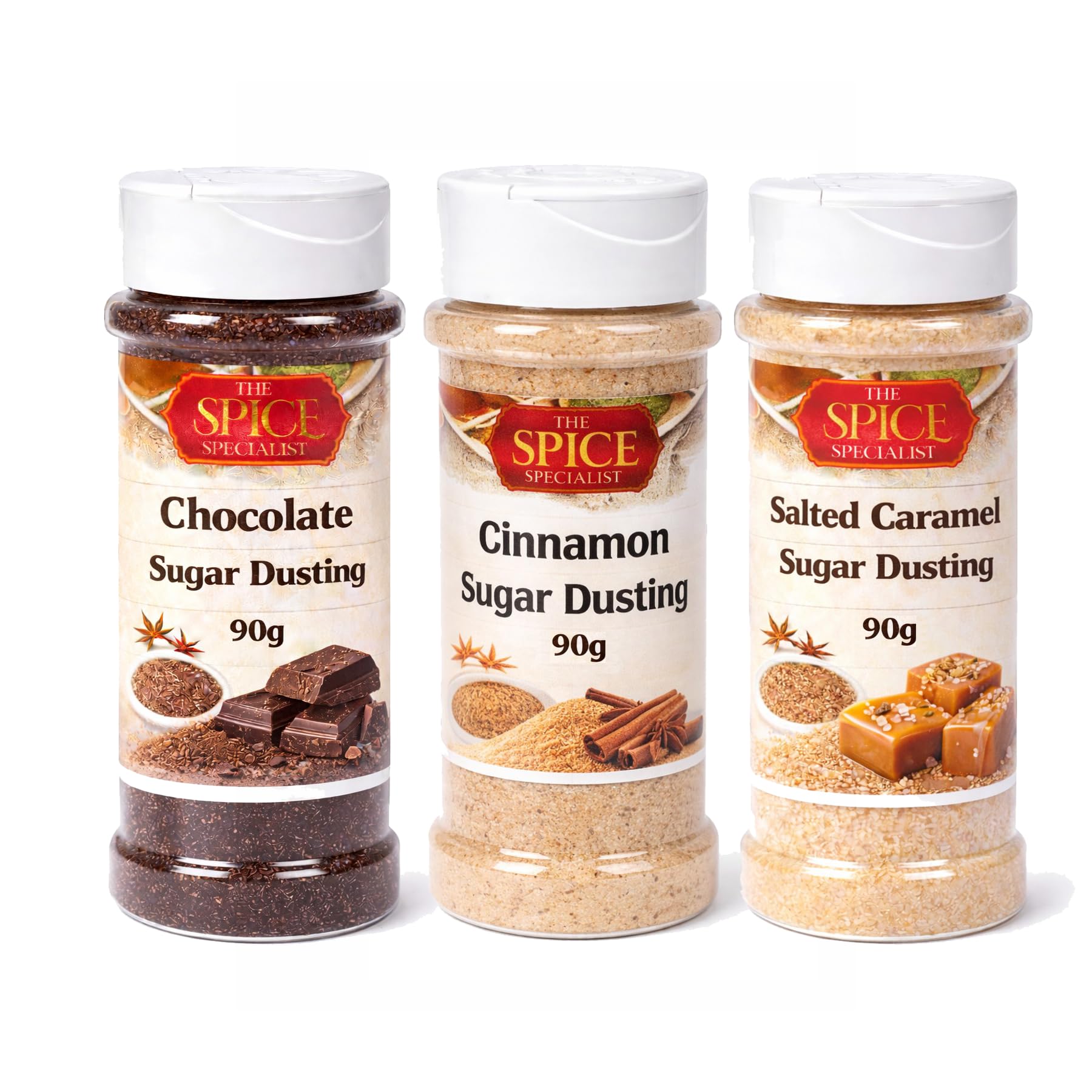 Hot Drinks Dusting Topper Flavouring Pack of 3, Chocolate, Cinnamon, Salted Caramel (3 x 90g)- Also for Popcorn flavouring, Cupcake Duster, Icing, baking by The Spice Specialist