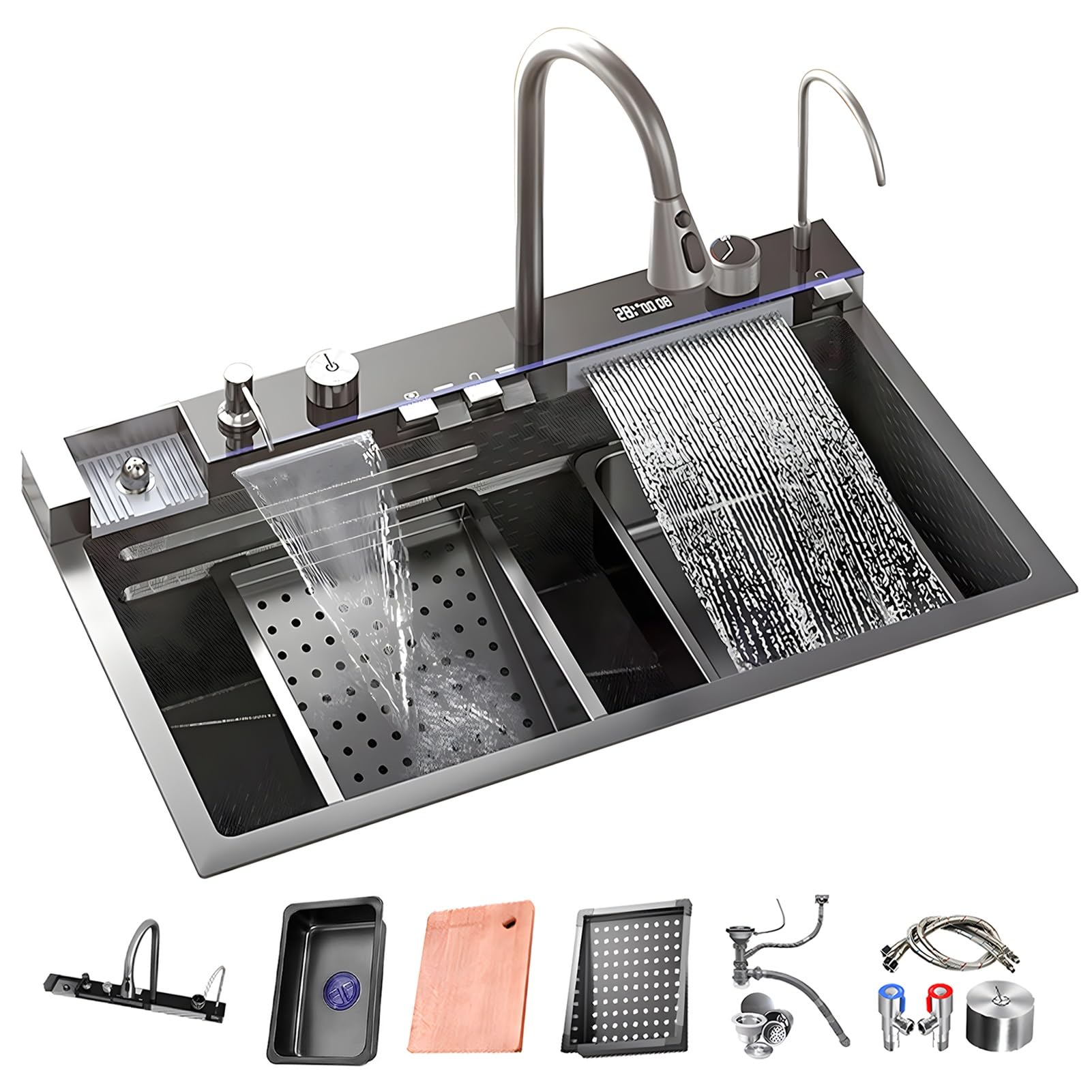 Smart Kitchen Sink With Temperature Display Stainless Steel Workstation Sink With Cup Washer Nano-Coated Single Bowl With Dual Waterfalls(Black-gray,80cm)