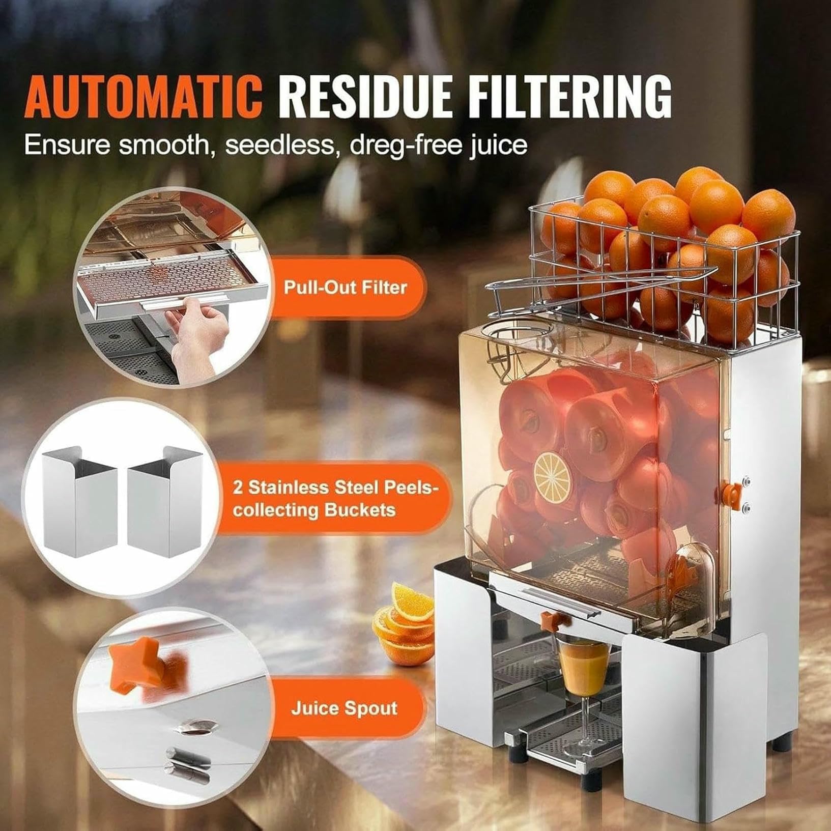 Máquina exprimidora de Naranjas Comercial de 120 W - Extractor de Zumo automático con Caja de Filtro extraíble, Cubierta de policarbonato, 2 Cubos para Recoger cáscaras, 20 Naranja