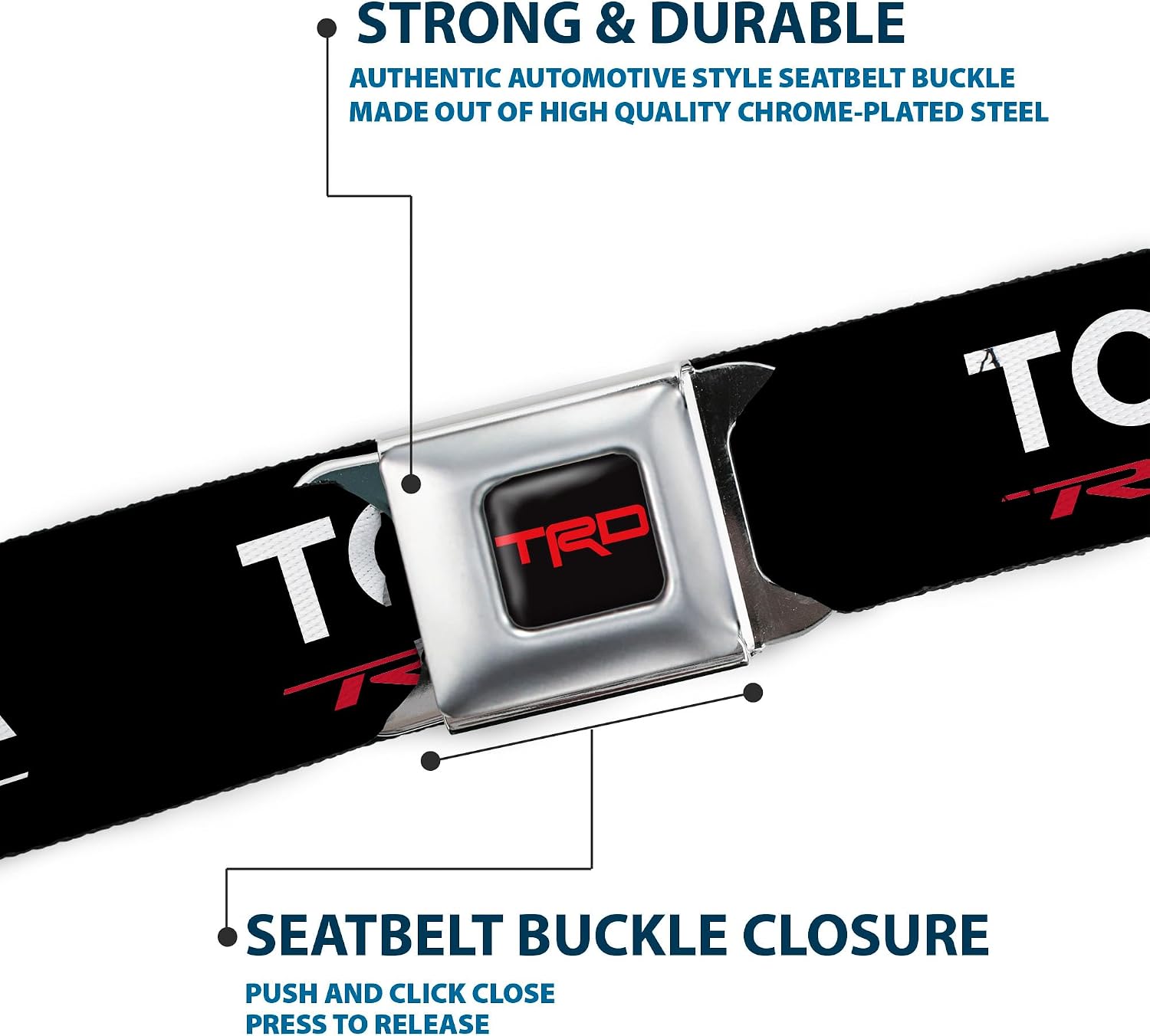Toyota Belt, Seatbelt Buckle Belt, TRD Toyota Racing Text Black White Red, 30 to 44 Inches