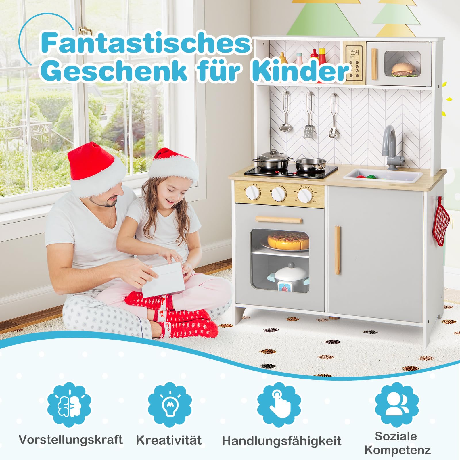 COSTWAY Kinderküche mit Zubehör, Spielküche Holz mit Mikrowelle Herd Spüle Ofen, Kinder Küche mit Licht und Sound, Spielzeugküche Holzküche für Kinder ab 2 Jahren (Weiß)
