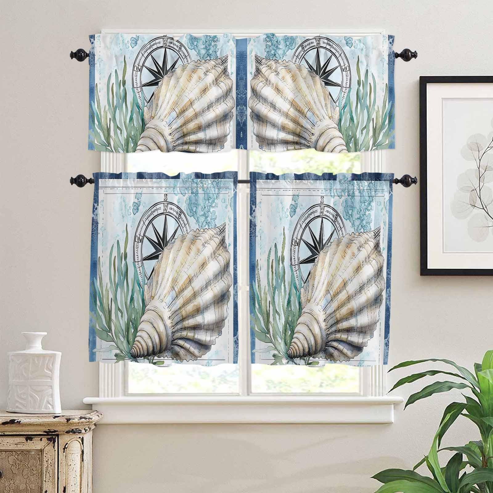 Coastal Ocean Kitchen Curtains 24 Inch Length, 3 Piece Rod Pocket Small Half Tiers and Valance Set, Summer Nautical Compass Shell Seaweed Small Large Window Treatment Decor for Bedroom/Bathroom Sink
