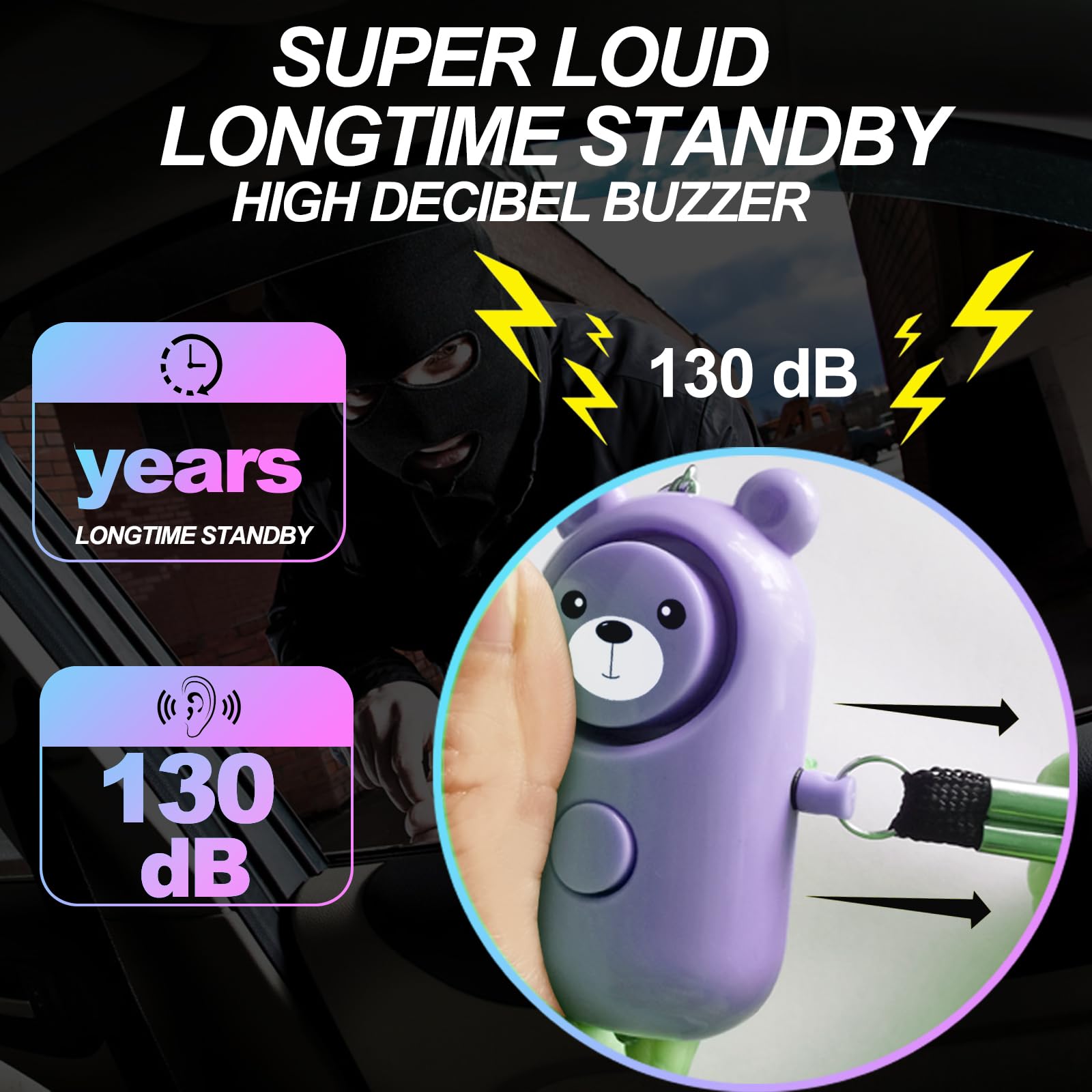 Portachiavi con allarme personale, 130 dB, autodifesa, per donne, ragazze, bambini, anziani, multifunzione, con luce LED, simpatica sirena portatile di sicurezza (viola)