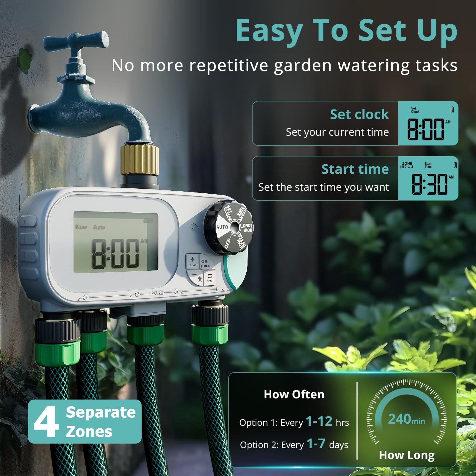 QUOBAS Timer per irrigazione a goccia, per tubo da giardino, programmabile, in ottone, digitale, 4 zone, per irrigazione a goccia, piscina, con ritardo della pioggia/auto/manuale, schermo impermeabile