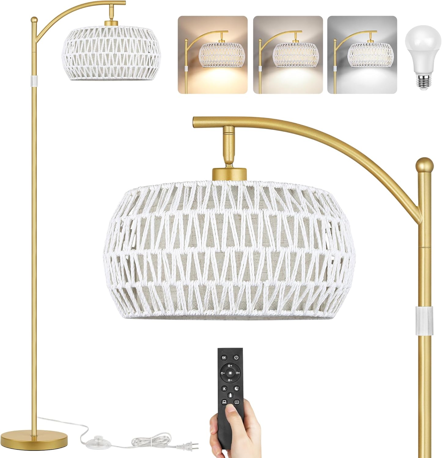 ROTTOGOON Boho Floor Lamp with Dimmable Bulb, White Rattan &Linen Double Shades, Boho Standing Tall Lamps with Foot Switch, Gold Bohemian Floor Lamps for Living Room, Bedroom, Office Gold + White shade