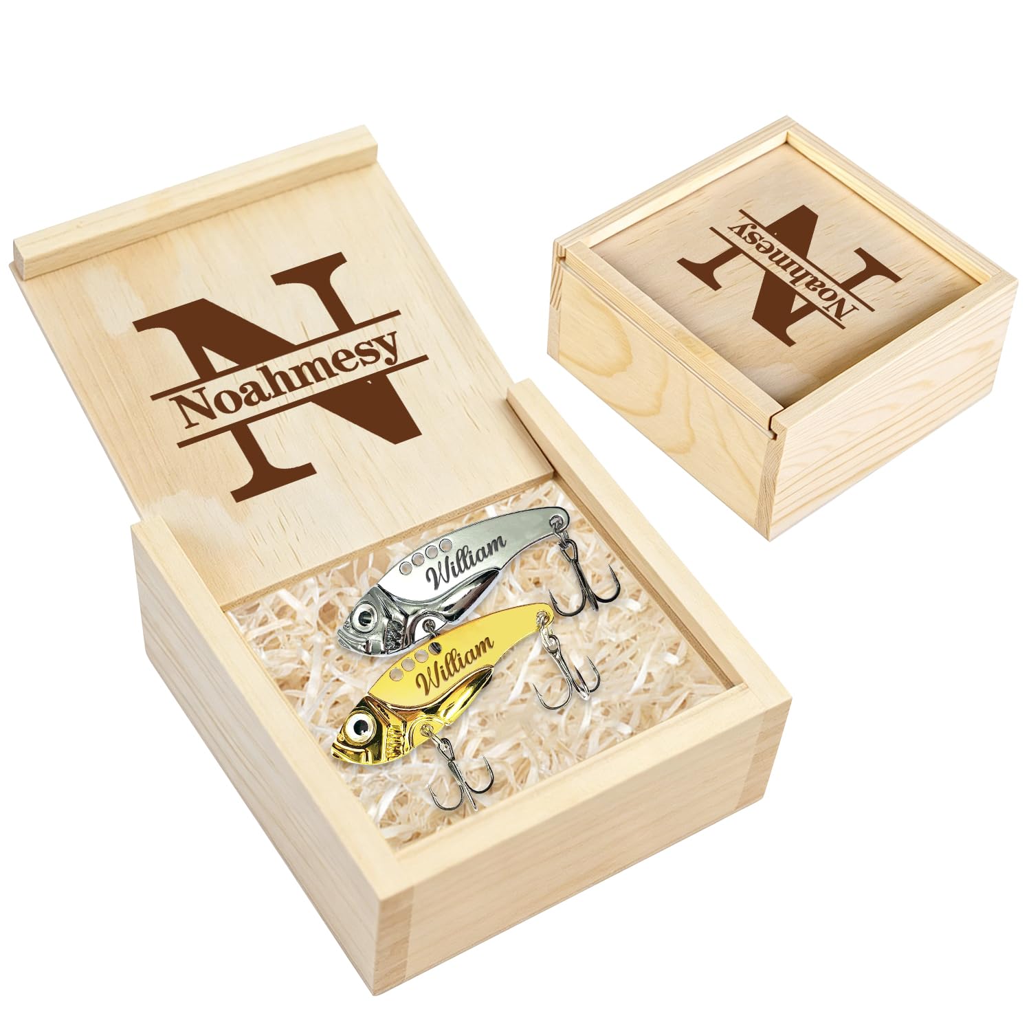 Personalized Engraved 2 Pcs Dad Fish Shape Fishing Lures with Wooden Box Set, Custom Name Father's day Metal Fishing Lure Hook for Men Husband, Fathers day Fisherman Gift for Dad Papa (Style07)