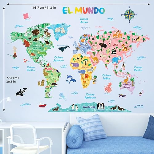 Miniatura 5 de DECOWALL SG2-1615SES - Calcomanías de pared para niños, diseño de mapa del mundo de animales españoles, despegar y pegar, extraíble para cuarto de