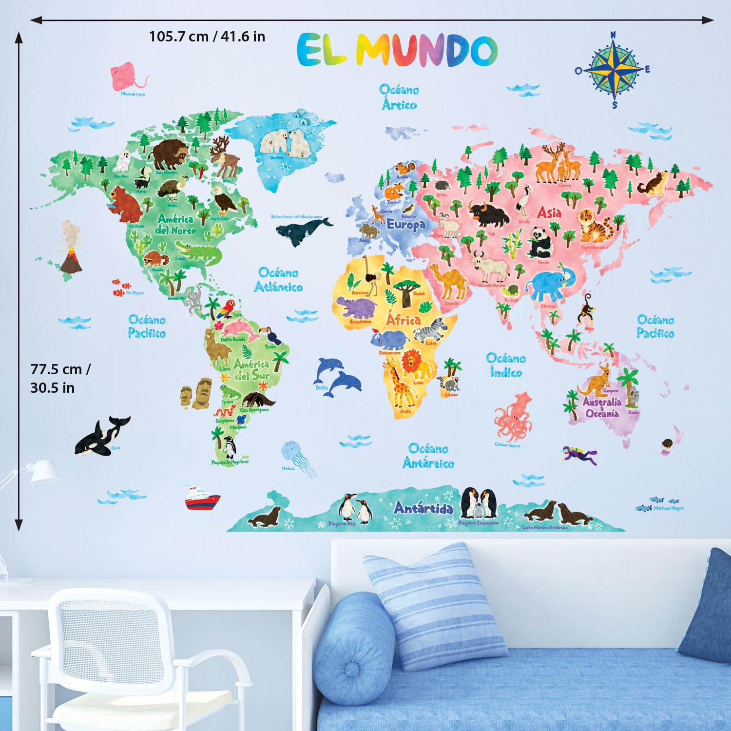 DECOWALL SG2-1615SES mapa świata zwierząt dla dzieci, naklejki ścienne, odklejanie i naklejanie, zdejmowane, do pokoju dziecięcego, sypialni, salonu, dekoracja, kolor dla chłopców i dziewczynek,