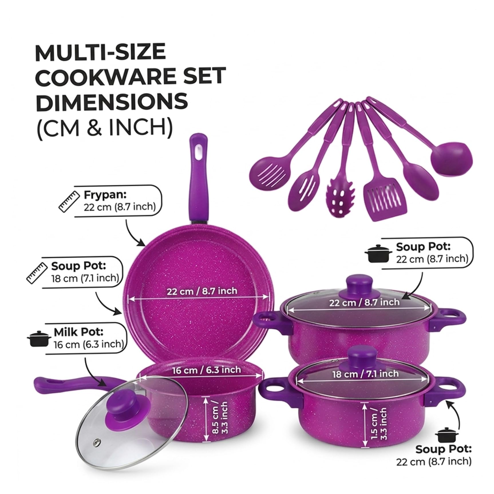 Set Di Pentole Antiaderenti, Set Di Pentole Antiaderenti Da 13 Pezzi, E Padelle Con Padella, Pentola Per Il Latte E Utensili Per La Cucina Casalinga, Viola..