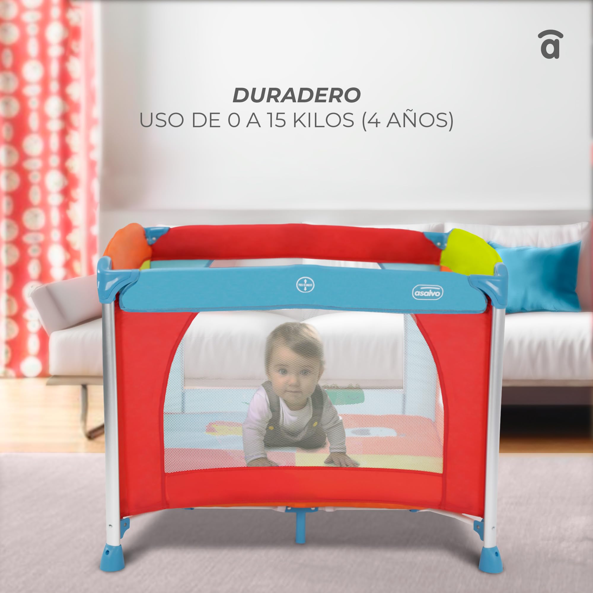 Parque Infantil ALUMINIUM 96x96 cm - Plegable, con Suelo Acolchado, Patas de Aluminio, Malla Transpirable y Bolsa de Transporte, Centro de Juegos Seguro para Bebés - Jungla de Colores Asalvo