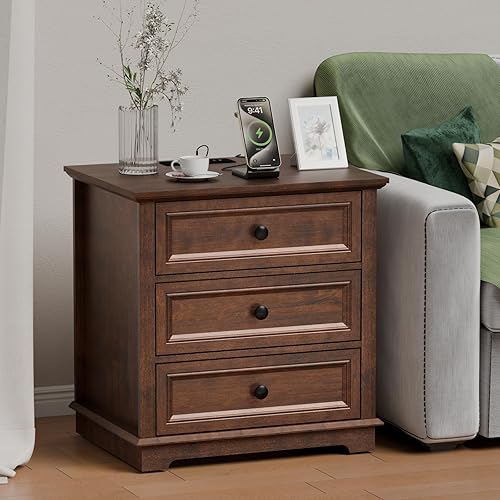 Miniatura 6 de Nightstand with Charging Station, 24” Wide End Table with 3 Drawers, Modern Bedside Table with Storage, Wood Small Dresser for Bedroom Room (Cherry)
