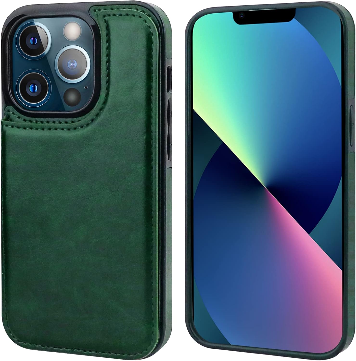 ONETOP Compatible with iPhone 13 Pro Wallet Case with Card Holder, PU Leather Kickstand Card Slots Case, Double Magnetic Clasp Durable Shockproof Cover 6.1 Inch(Green) - Image 3