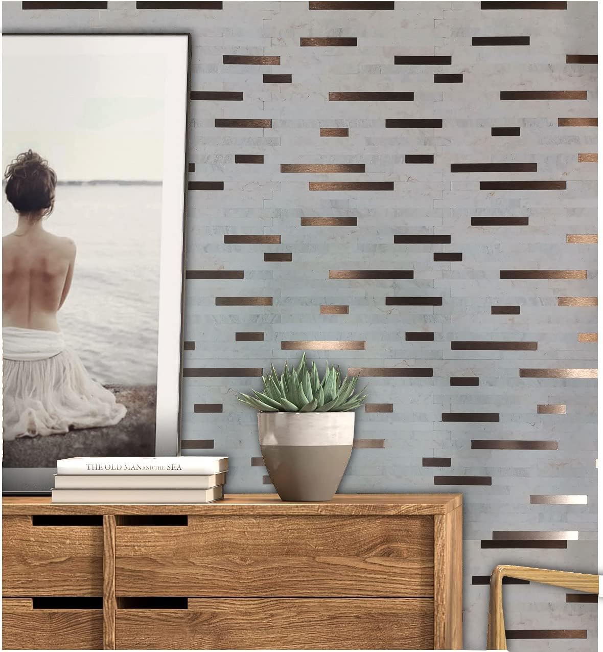 10-Sheet Peel and Stick Backsplash PVC Metal Tile，Self-Adhesive Stone Grain Wall Sticker Easy DIY Stick on Kitchen Bathroom Walls (10, Beige + Brushed Bronze)